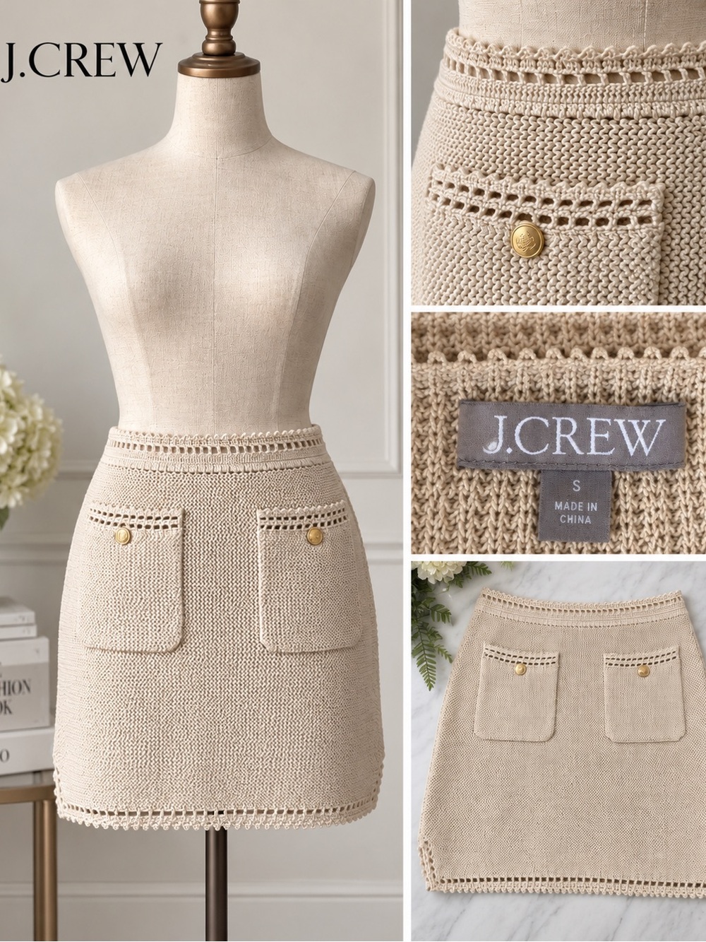 J. Crew Beige/Cream Knit Mini Skirt with Front Pockets